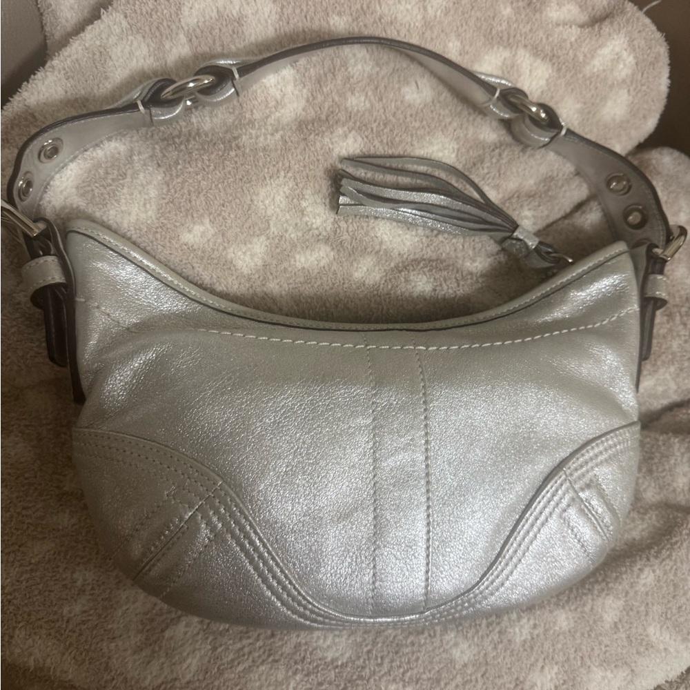 Coach Soho Metallic Small Hobo Leather Shoulder Bag silver